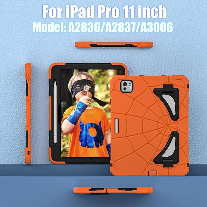AKABEILA Compatible with Apple iPad Pro 11(2024) 11 inch Tablet Case，Lightweight Shockproof Rugged Protective Cover with Kickstand for Kids Children Boys Babies Orange Black