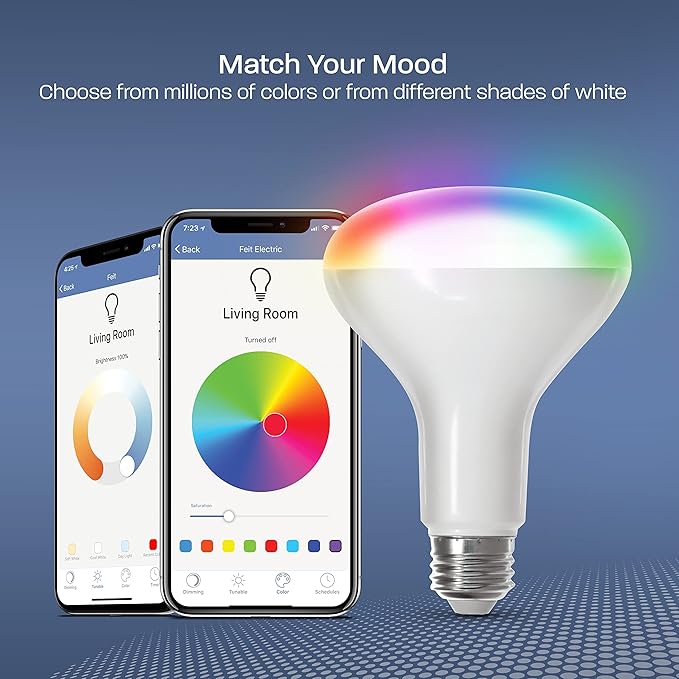 Feit Electric BR30 Smart LED Light Bulbs, 65W Equivalent, Dimmable, Color Changing, Tunable White, 650 Lumens, 2.4GHz Wi-Fi, Alexa/Google Home Enabled Track Lighting, BR30/RGBW/CA/AG/RP/6, 6 Pack