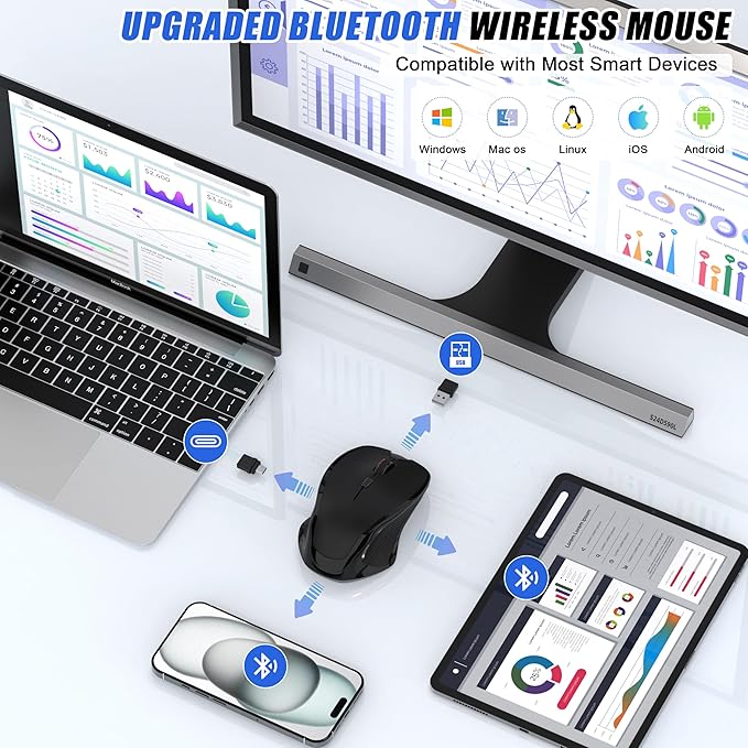 Wireless Bluetooth Mouse for Mac Pro MacBook Air, Rechargeable Mice with Jiggler Mouse, 3 Mode Switch Bluetooth 5.2/3.0 & 2.4G USB-A/USB-C Receiver, Optical Silent Mouse for iPad PC Laptop, Black
