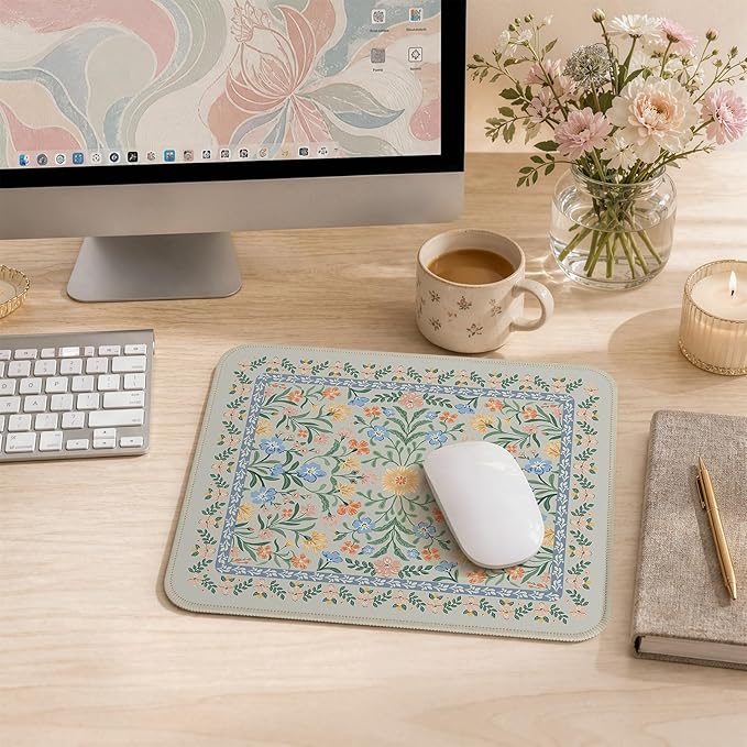 iCasso Aesthetic Small Floral Mouse Pad, Mini Portable Travel Mousepad, Anti-Slip and Comfortable Cloth Mouse Mat 7.9"x9.5" with Stitched Edges for Computer, Laptop, Office, Home(Green Floral)