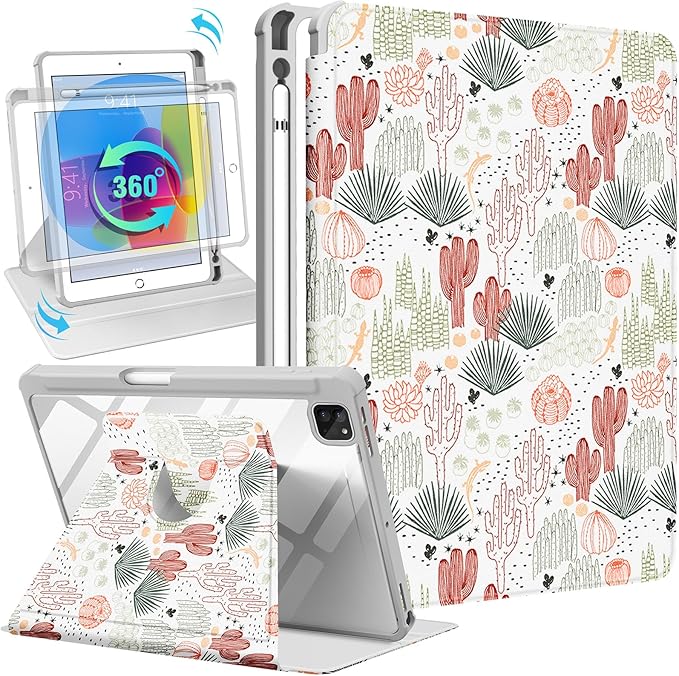 Uppuppy for iPad Pro 12.9 Case Folio Cover with Pencil Holder Women Cute Girls Girly Kids Teens Pretty Plants Cactus Aesthetic Rotating Stand for Apple iPad Pro 12.9 Inch Cases 2022/2021/2020/2018