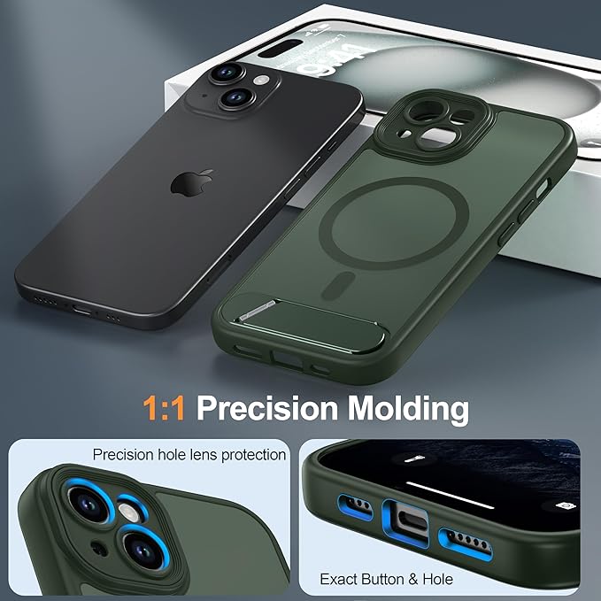 Magnetic Compatible with iPhone 15 Case, [Built-in Invisible Kickstand][Compatible with MagSafe][Full Camera Protection] Translucent Matte Phone Case for iPhone 15 6.1" Dark Green