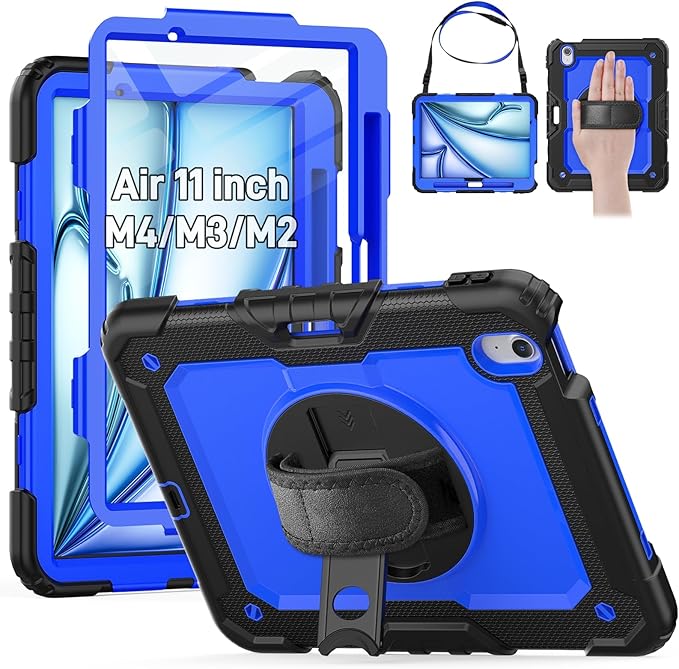 HXCASEAC Rugged Case for iPad Air 11 inch M4 M3 M2 (2026 2025 2024), Heavy Duty Protective Design with Pencil Holder, Screen Protector, Rotating Stand, Hand Strap, for iPad Air 11 Hard Case (Blue)