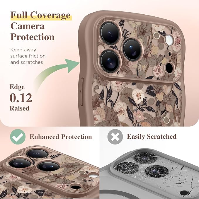 GVIEWIN for iPhone 17 Pro Max Case Compatible with MagSafe [Curly Wave Edge][Full Camera Protection] Floral Translucent Shockproof Magnetic Women Phone Case for 17 Pro Max, Apricot Blossom/Brown