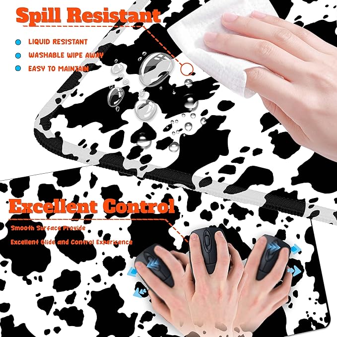 4-Piece Extended Large Mouse Pad Set for Women Men with Cow Print Design Includes 35.4 x 15.7 XXL Large Mouse Pad Keyboard Wrist Rest Mouse Wrist Support and Coaster for Office Home
