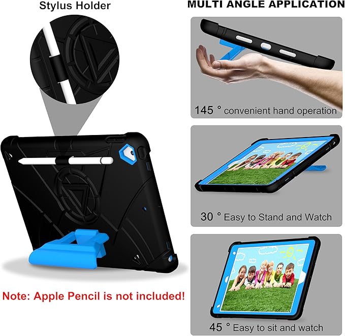 Andnary Case for iPad 9th/8th/7th Generation 10.2 inch, Heavy Shockproof Cover with Screen Protector/180° Rotating Handle/Bracket/Pen Holder/Shoulder Strap, Kids Case for 2021/2020/2019 (D-Black+Blue)