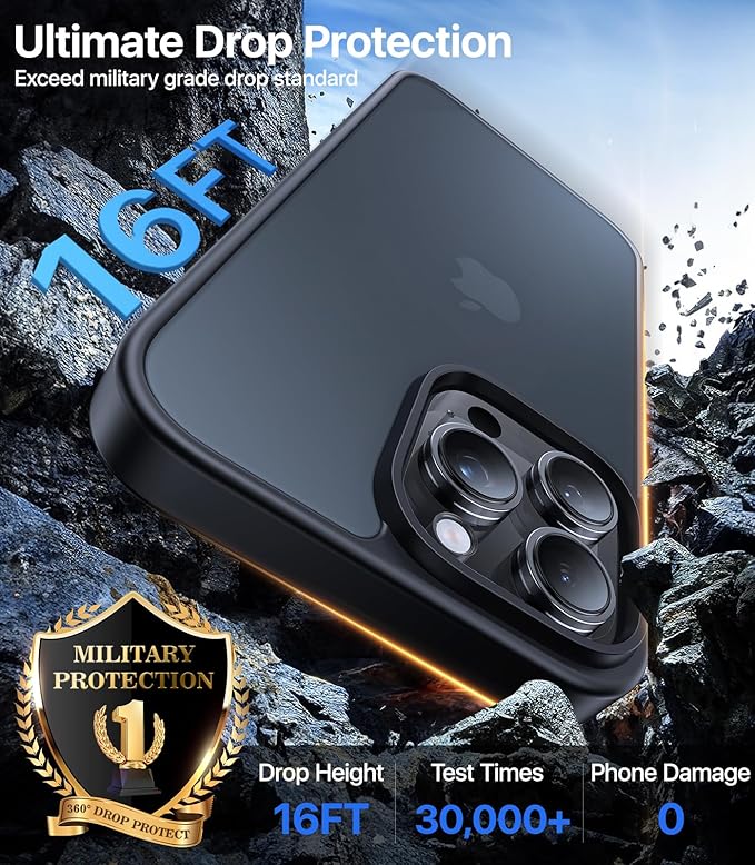 for iPhone 16 Pro Case, [Military-Grade Drop Protection][Anti-Yellowing] Shockproof Protective Translucent Matte Cover for iPhone 16 Pro Phone Case,Titanium Black