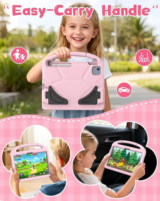 Kids Case for iPad A16 11th Gen 11-Inch 2025 & iPad 10th Generation (10.9" 2022), Durable Shockproof Fully-Body Cover with Screen Protector/Pencil Holder/Stand/Handle for Kids, Light Pink