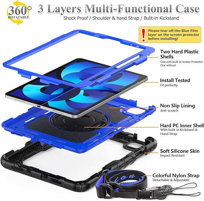 SEYMAC stock Case for iPad Air 5th/4th Generation/Pro 11 (4th/3rd/2nd) with Screen Protector Pen Holder, 360° Rotate Hand Strap/Stand Case for iPad Air 5th/4th Gen 10.9''/ Pro 11'' (Blue+Black)