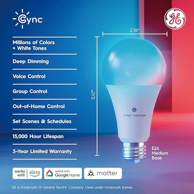 Cync GE Direct Connect A21 Smart LED Light Bulbs, Color Changing Smart Lights, Matter Compatible, Compatible with Alexa and Google Home (2 Pack)