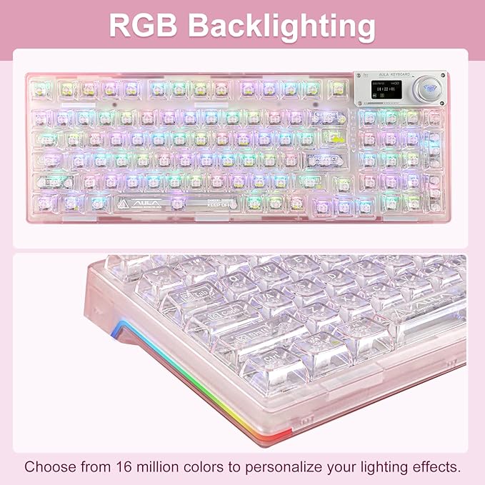 F98 Pro 95% Hot-Swappable Mechanical Keyboard – Transparent Keycaps, RGB Backlit Gaming Keyboard, Tri-Mode BT5.0/2.4G/USB-C, OLED Display, 4000mAh Battery, Pink