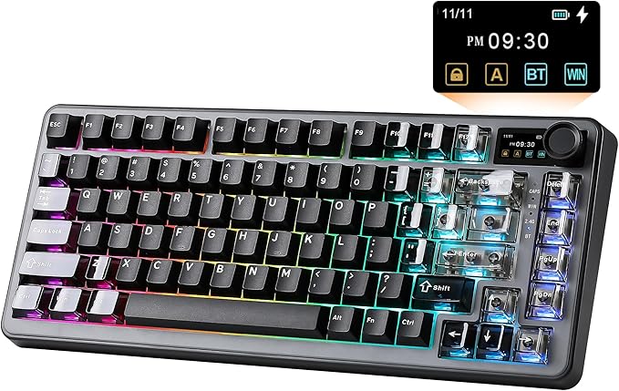 YUNZII B75 PRO MAX QMK/VIA Wireless Mechanical Keyboard,75% Layout with Screen and Knob,Custom Hot Swap Gasket, Creamy Pre-lubed Switches,Bluetooth/Type-C/2.4G for Win/Mac (Black,Candy Switch)