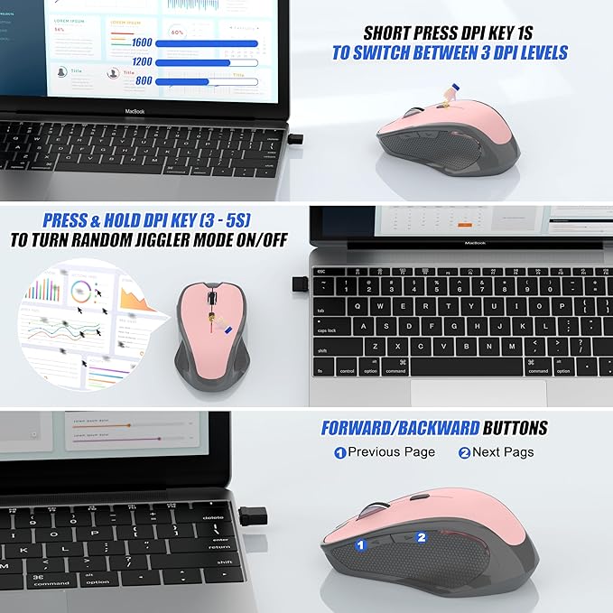 Bluetooth Wireless Mouse for Mac MacBook Air iPad Pro PC, Ergonomic Rechargeable Computer Mouse with Jiggler Mode, 3 DPI Levels & Forward/Back Buttons Laptop Mice for Office/Home/School, Pink