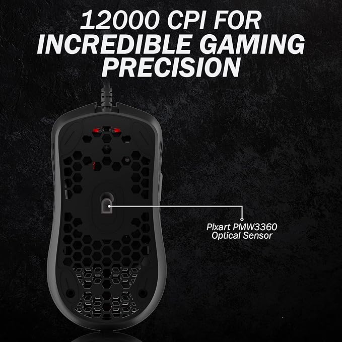 HK GAMING Mira M Ultra Lightweight Honeycomb Shell Wired RGB Gaming Mouse - Up to 12 000 cpi | 6 Buttons - 63g Only (Mira-M, Black)