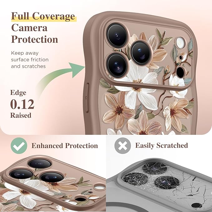 GVIEWIN for iPhone 17 Pro Max Case Compatible with MagSafe [Curly Wave Edge][Full Camera Protection] Floral Translucent Shockproof Magnetic Women Phone Case for 17 Pro Max, Dogwood/Brown
