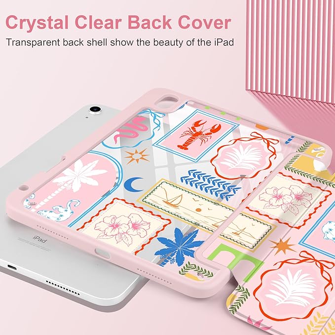 Case for iPad Air 13 inch 2026 M4 2025 M3 2024 M2 Release Slim Lightweight Shockproof Cute Light Pink Cover with Clear Back TPU Edge Pencil Holder Trifold Stand Auto Sleep, Creative Collage