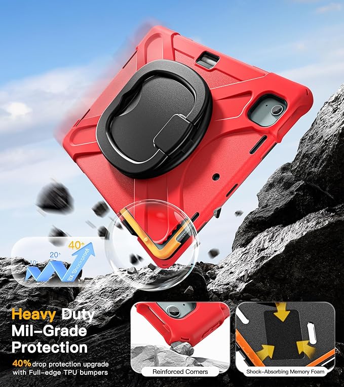 BRAECN Kids Case for iPad Air 13” M4 2026/M3 2025/M2 2024 & iPad Pro 12.9 6th/5th/4th/3rd Gen: Military Grade Silicone Protective Cover with Pencil Holder, Kickstand, Handle Grip, Shoulder Strap, Red