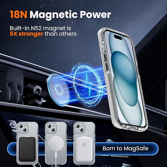 toushion 3 in 1 for iPhone 15 Case Clear with MagSafe, Yellowing-Resistant Acrylic Back, Shockproof Guard Corners, Military-Grade Protection for iPhone 15 Phone Case 6.1 inch Clear Bumper