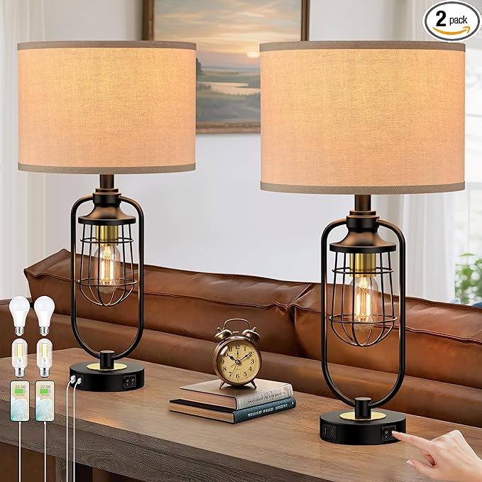 Table Lamps for Living Room Set of 2, Farmhouse Lamps for Night Stands, Industrial Bedside Lamps for Bedroom End Table with USB A+C, Bulbs Included