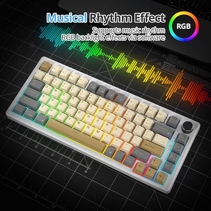 75% Retro Mechanical Keyboard Gasket with Knob, Custom Wired Creamy Gaming Keyboard TKL 75 Percent Hot Swappable RGB Backlit, Pre-lubed Switch for Win/MAC PC Laptop（Shimmer/White Switch）