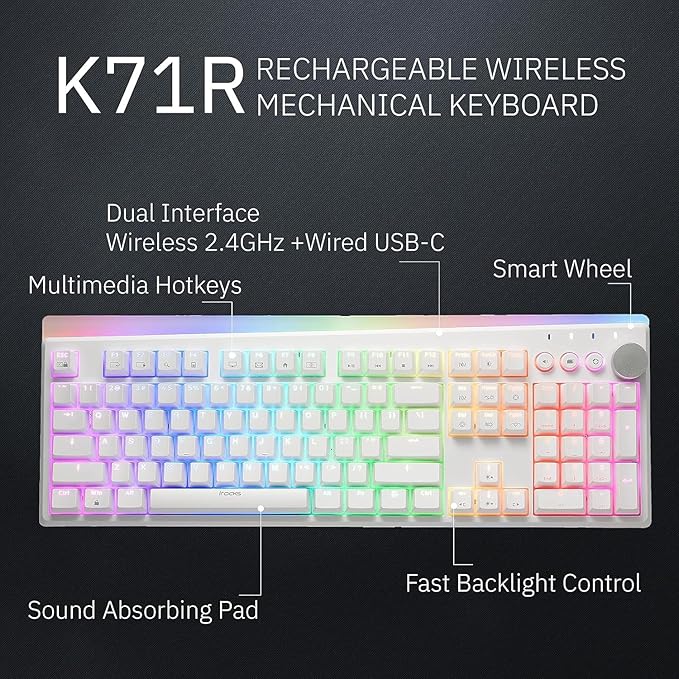 iRocks K71R Wireless RGB Mechanical Gaming Keyboard, Switches Brown, PBT 107 Keys NKRO, RGB Backlit, Dual Wireless/Wired, Compatible with Windows, for Mac, PC and Laptop, White (Red Switch)