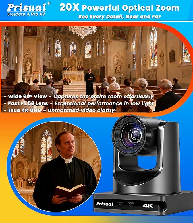 Prisual 4K NDI PTZ Camera, Advanced PTZ Auto Tracking 20X HDMI/USB3.0 PTZ Camera, 1/1.8”4K UHD 30P with Built-in Tally Light for Church Conference Events, PoE, PT20X-4K-N