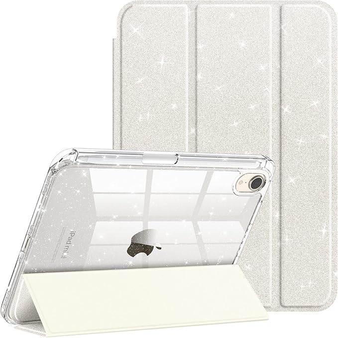 Fintie Slim Case for iPad Mini 7 (A17 Pro, 7th Generation) 2024 / iPad Mini 6 (6th Gen) 8.3 Inch - [Built-in Pencil Holder] Glittering Sparkly Shockproof Cover w/Shiny Clear Back Shell, Starlight
