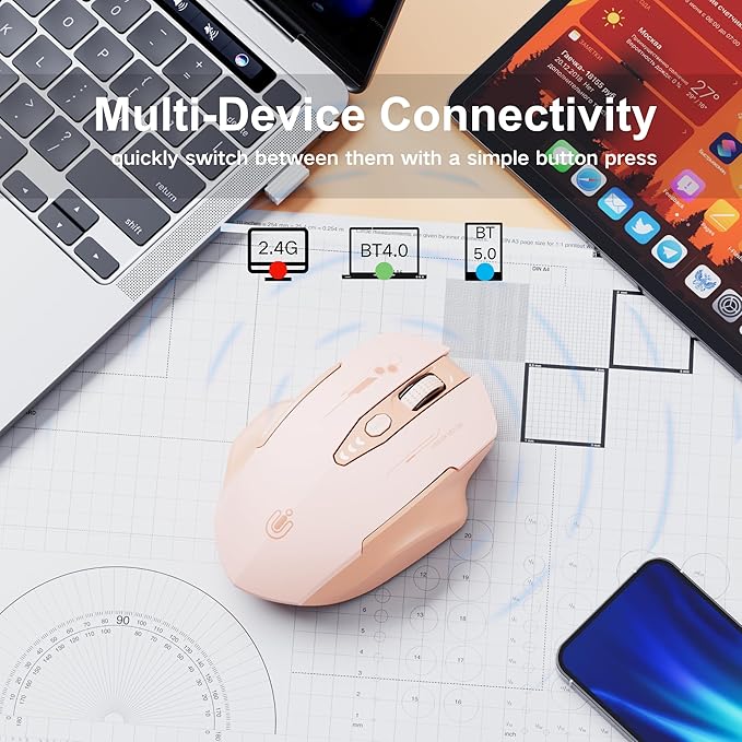 Uineer Wireless Bluetooth Mouse,[Upgraded] Rechargeable Computer Mice (BT 5.0/4.0+2.4G Hz) with Visible Battery Level, 4 Adiustable DPl, Portable PC Mouse for MacBook Chromebook,Pink