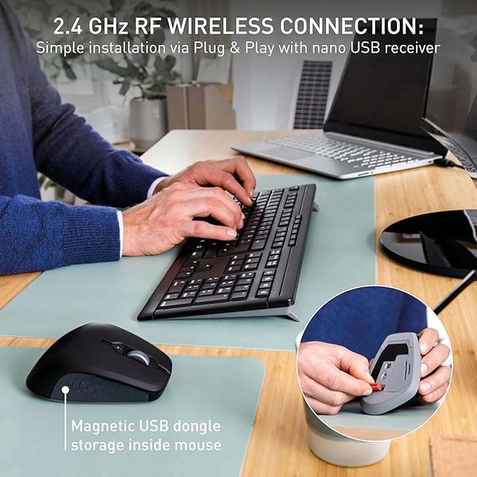 Cherry Stream Desktop Comfort, Wireless Keyboard and Mouse Combo, 2.4 GHz Connection, Whisper-Quiet Keys, Ergonomic Right-Handed Mouse, Battery-Powered, Black