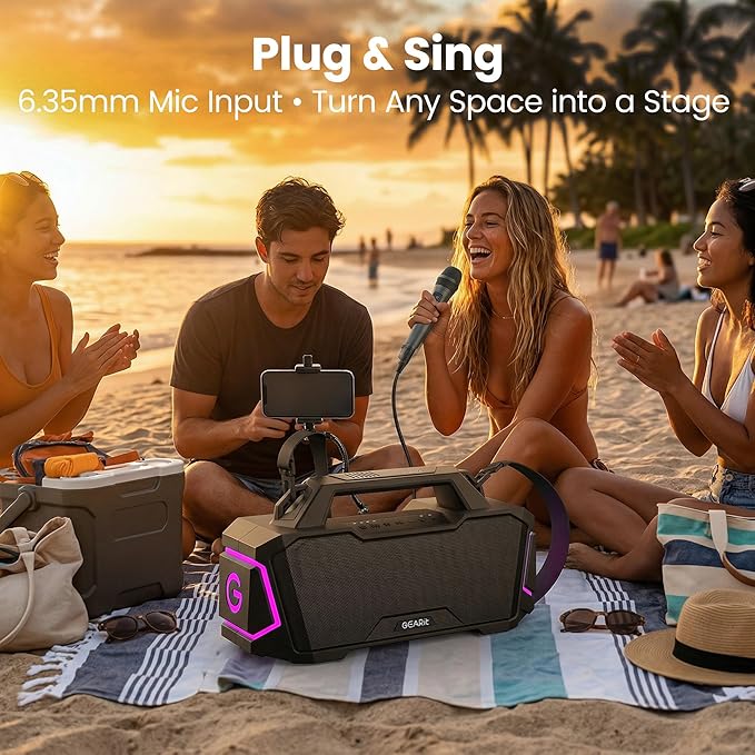GEARit Boombox Outdoor Speaker Portable | 120W Subwoofer Deep Bass Karaoke | IPX6 Waterproof RGB Light Bluetooth 5.3 EQ | AUX/MicroSD/USB Power Bank 12H Playtime for Camping Beach Party Pool Gift