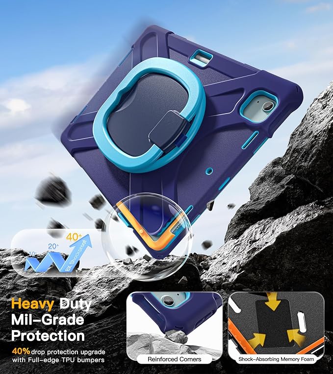 BRAECN for iPad Air 13 Inch Case M4 2026/M3 2025/M2 2024, iPad Pro 12.9 (6th/5th/4th/3rd Gen), Heavy Duty Shockproof Cover w/Pencil Holder, Handle Grip, Stable Kickstand, Shoulder Strap, Navy Blue