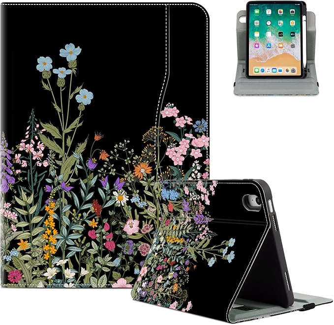 for iPad (A16) 11Th/10Th Generation Case 2025/2022,for iPad Case 11th/10Th Generation 360 Degree Rotating 4 Viewing Angles Pencil Holder/Hand Strap/Pocket Auto Wake/Sleep Cover, Black Flowers