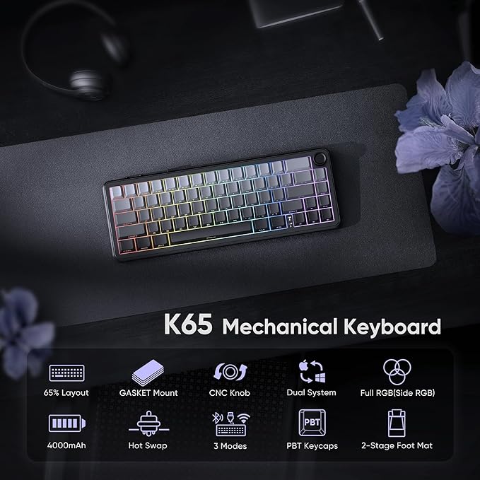 RedThunder K65 Wireless Mechanical Gaming Keyboard, Trip-Modes Connection, Gasket Custom Hot-Swap Keyboard, RGB Backlit, Pre-lubed Linear Switches, Side Engraved PBT Keycaps, Gradient Gray