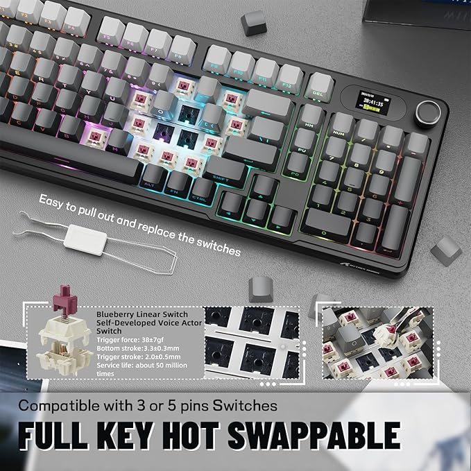 MAMBASNAKE Attack Shark X98 Pro Wireless Mechanical Keyboard with Screen & Knob,2.4G/USB-C/BT5.0 Gasket Hot Swappable Creamy Keyboard102 Keys, Web Driver RGB Gaming Keyboard for PC/Mac/PS4/Xbox