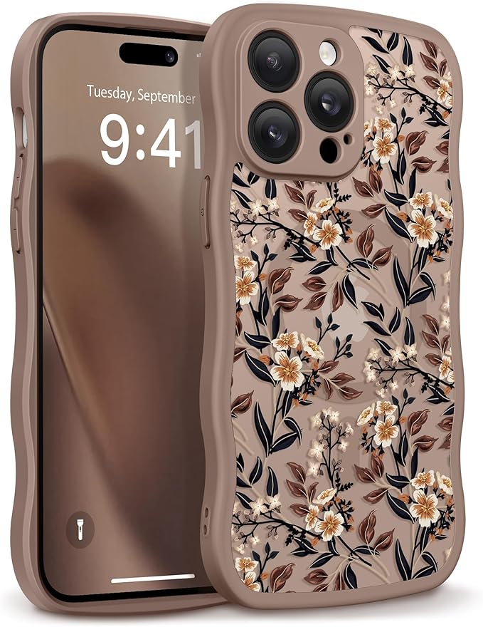 GVIEWIN for iPhone 14 Pro Max Case Compatible with MagSafe [Curly Wave Edge][Full Camera Protection] Floral Translucent Shockproof Magnetic Women Phone Case for 14 Pro Max, Bunchflower/Brown