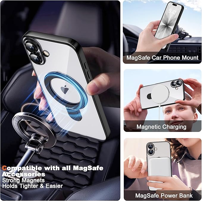 Compatible with iPhone 17 Case with Invisible Magnetic Ring Stand [Compatible with Mag-Safe] [Full Camera Lens Protector] Plating Clear Phone Case for iPhone 17 6.3", Black