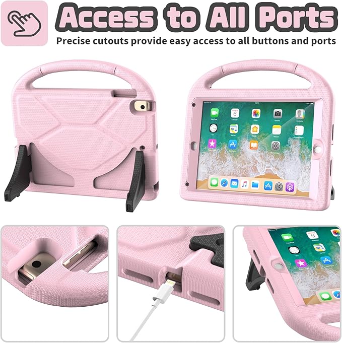 YIHE Shockproof Kids Case for iPad 6th/5th Generation (9.7 inch, 2018/2017), iPad Air 2/1 & Pro 9.7 | Durable Protective Cover with Built-in Screen Protector & Stable Stand, Light Pink