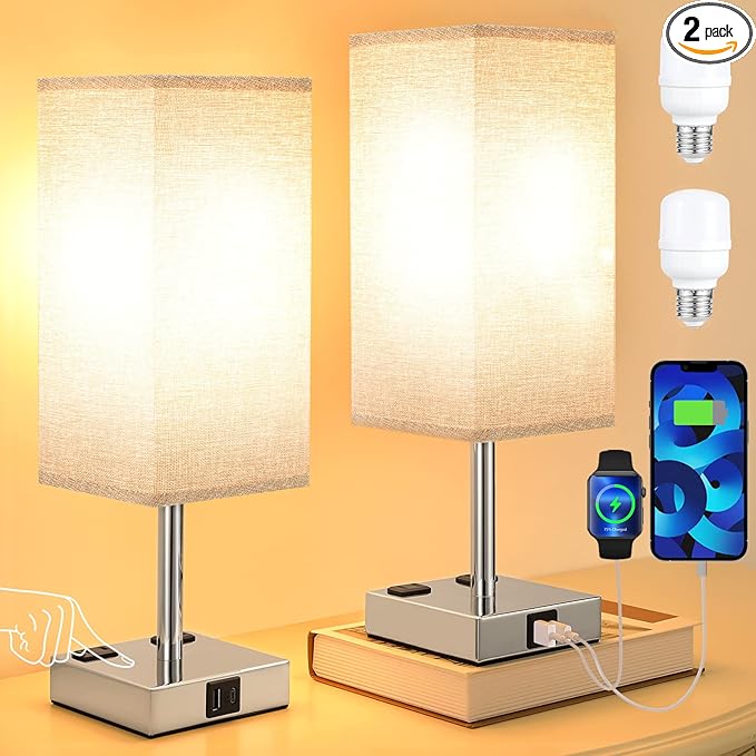 aooshine Gray Set of 2 Touch Lamps with USB Port Nightstand Lamp with USB-C+A Charge Ports & AC Outlets, 3-Way Dimmable Bedside Lamp, Small for Bedroom Living Room (Bulb Included)