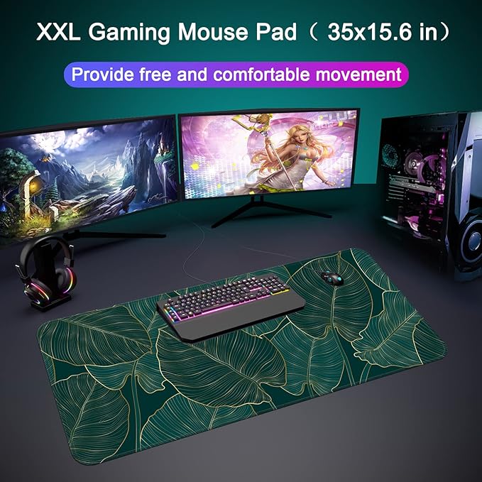 Desk Mat,Large Mouse Pad 35''×15.6'' XXL Extended Gaming Mouse Pad Mat with Non-Slip Base Stitched Eges Mousepad for Computer,Office,Keyboard and Laptop - Green Leaves
