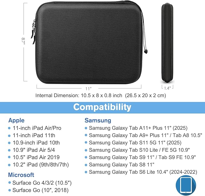 FINPAC Hard Tablet Sleeve Case for 11-inch iPad 11th 10th / Air M4 2026 M3 2025 M2 2024 / Pro M4 2024 / Pro 4th/3rd,10.9-inch iPad Air 5/4, Tablet Carrying Sleeve for 10.2 inch, Surface Go, Black