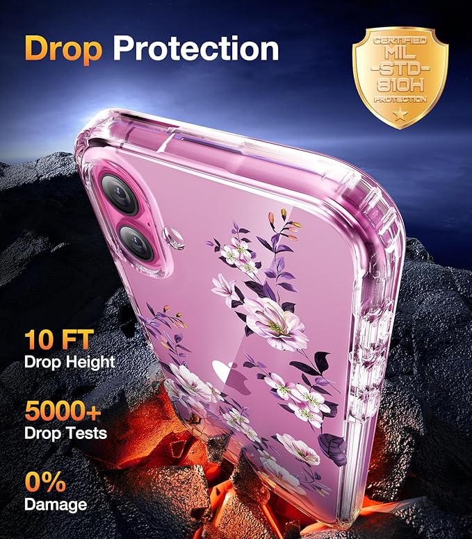 Diaclara Designed for iPhone 16 Plus Case, Full Body Rugged Case with Built-in Touch Sensitive Anti-Scratch Screen Protector, Upgraded [Full Camera Protection] for iPhone 16 Plus 6.7",Clear Flower