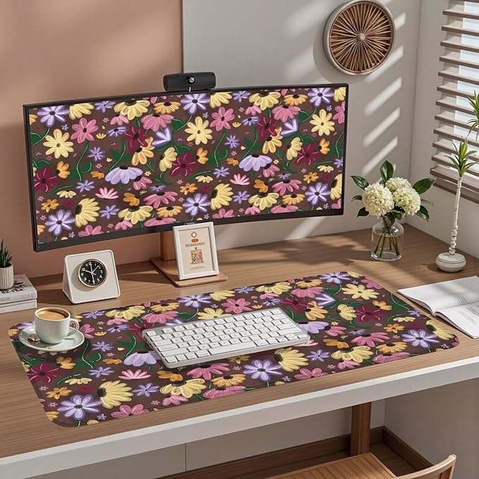 Pastel Floral Desk Mat - Retro CottagecoreBlooming Colorful Flowers Large Mouse Pad for Women Girls, Non-Slip XL Gaming Pad for Vibrant Study Office Cubicle Decor 31.5x15.7in