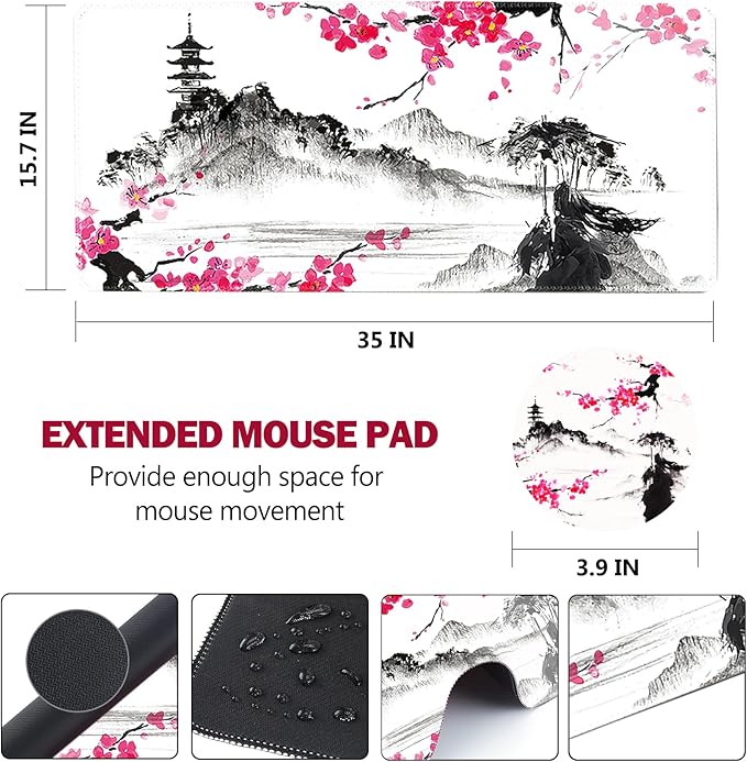 AIMSA Extended Gaming Mouse Pad, XL Large Keyboard Mouse Mat Desk Pad with Stitched Edges, Durable Non-Slip Base Landscape Mousepad for Home Office, Mountain Sakura Ink Painting