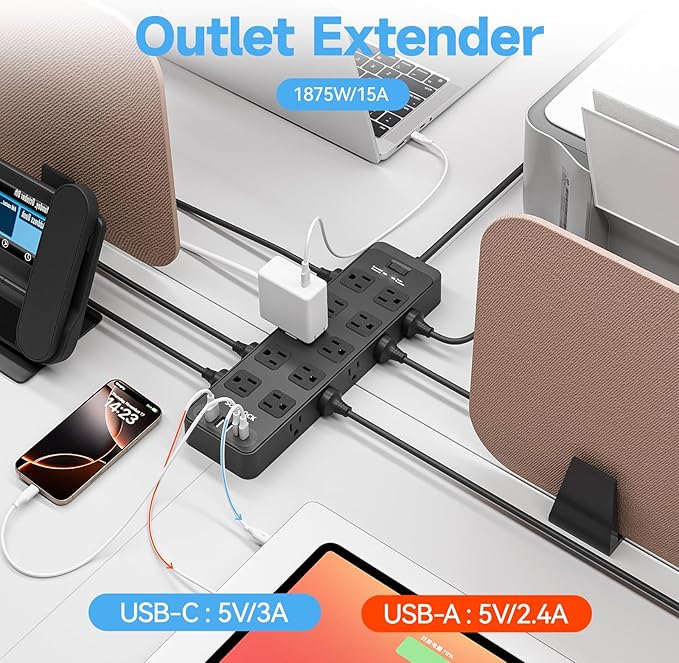 20 Outlet Power Strip with USB C,6Ft Extension Cord with Multiple Outlets, 2700 Joules Surge Protector,1875W/15A, ETL Listed for Home Office Dorm Gaming