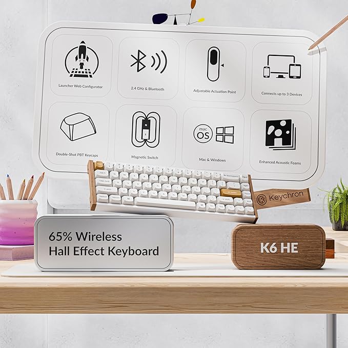 Keychron K6 HE Magnetic Keyboard, 65% Wireless Gaming Keyboard, 1000Hz 2.4GHz & Bluetooth, Adjustable Actuation & Rapid Trigger, Double-Shot PBT, Aluminum/Wood Frame, for Mac Windows