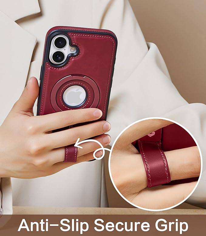 Butaiga for iPhone 16 Plus Leather Case with Stand, Anti-Slip Grip Ring, Fits for MagSafe (Burgundy, iPhone 16 Plus)
