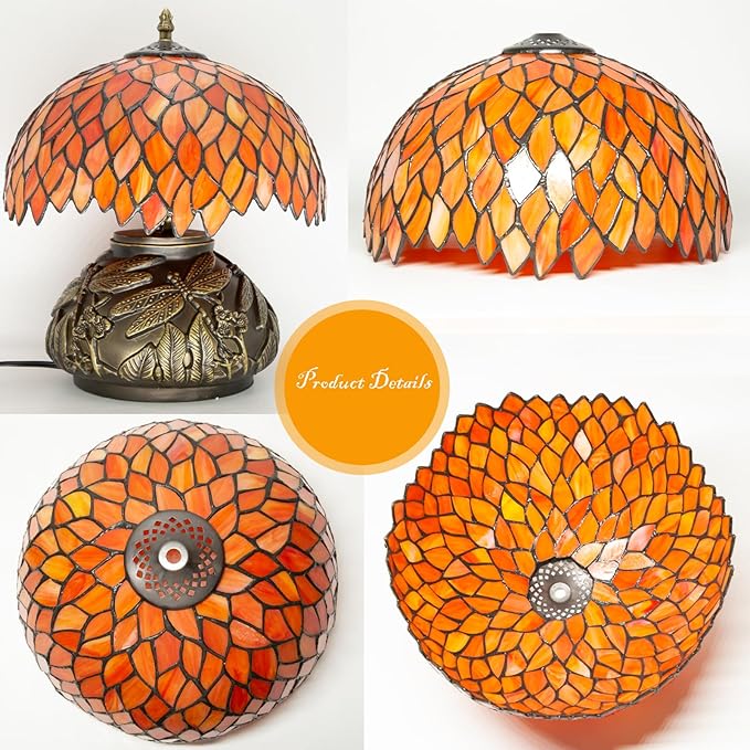 Tiffany Table Lamp Orange Wisteria Style Stained Glass Lamp for Bedside,Bedroom,Living Room,12 Inch Small Vintage Mushroom Desk Lights Included E26 LED with Remote Control(Autumn Leaves)