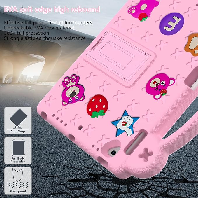 Dteck Kids Case for iPad 9.7 Inch 6th/5th Gen 2018/2017 & iPad Air 2/1 & iPad Pro 9.7,Strawberry Panda Shockproof Rugged Lightweight Pencil Holder Convertible Handles Stand Kids Friendly Case,Pink