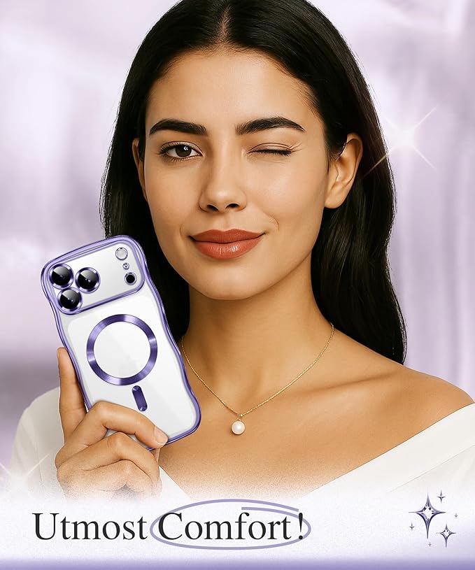 GVIEWIN for iPhone 17 Pro Max Case Compatible with MagSafe, Upgraded [Full Camera Protection][Cute Wave Frame][Military Grade Protection] Electroplated Hard Phone Cover for Women Girl, Clear/Purple