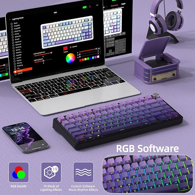 ATTACK SHARK X85 Wireless Mechanical Gaming Keyboard with Knob Hot Swappable BT5.1/2.4Ghz/USB-C Side Print PBT Keycaps 75% Gasket Mount RGB Coiled Cable Linear White Jade Switch for PC/MAC/Win-Purple